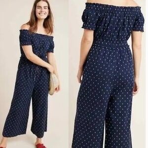 Anthropologie Findley Jumpsuit Womens XS Navy Blue‎ Off The Shoulder Drawstring